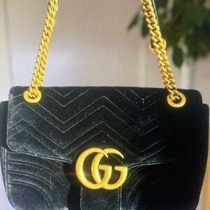 Gucci Black Velvet Shoulder Bag with Gold Accents